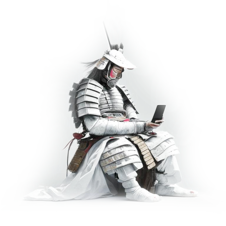 Сидящий самурай смотрит в телефон